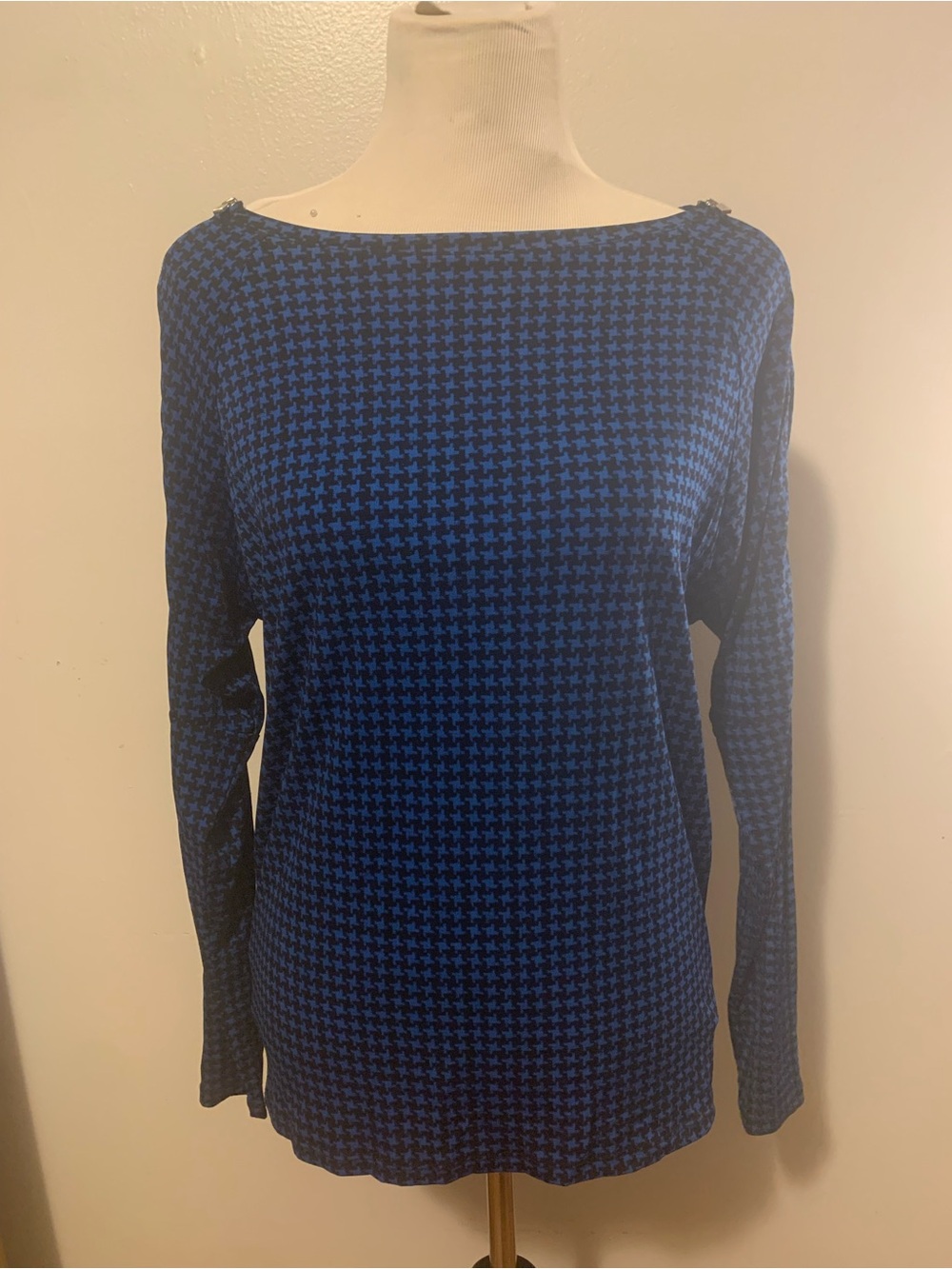 Michael Kors Blue Houndstooth Long-Sleeve Boatneck Top